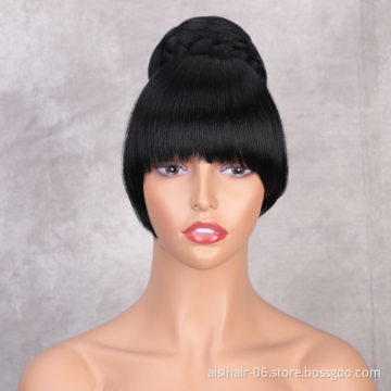 Aisi Hair New Design Natural Straight Black Color Hair Bun With Bangs Silky Straight Synthetic Hair Extension For Black Women